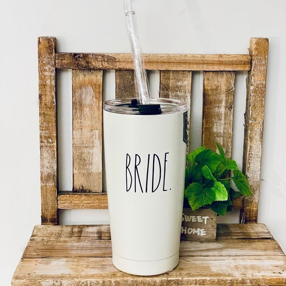 NWT Rae Dunn Gorgeous White Off Black Letters “BRIDE”17Oz Tumbler Mug with Straw